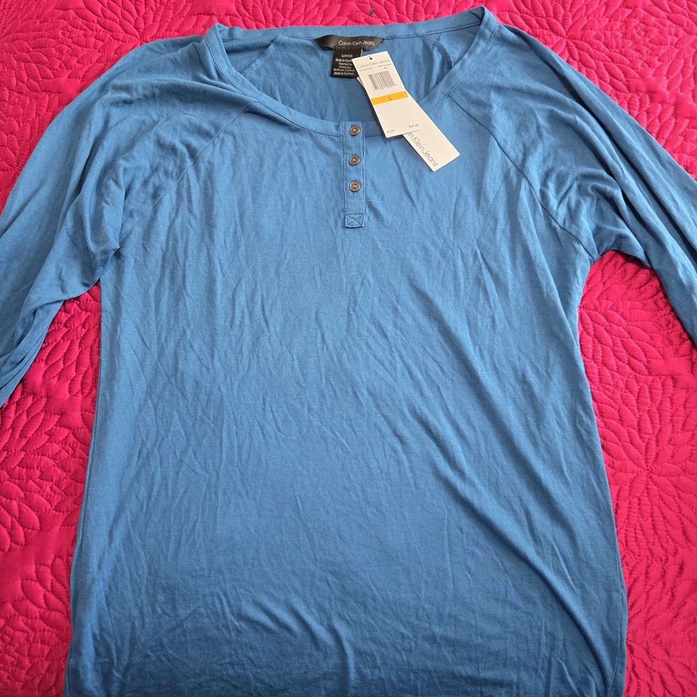 Calvin Klein Long Sleeve Blue Henley Shirt